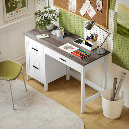 Farmhouse Computer Desk, 3 Drawers, Wood Grain Top, White Computer Desks at Gallery Canada