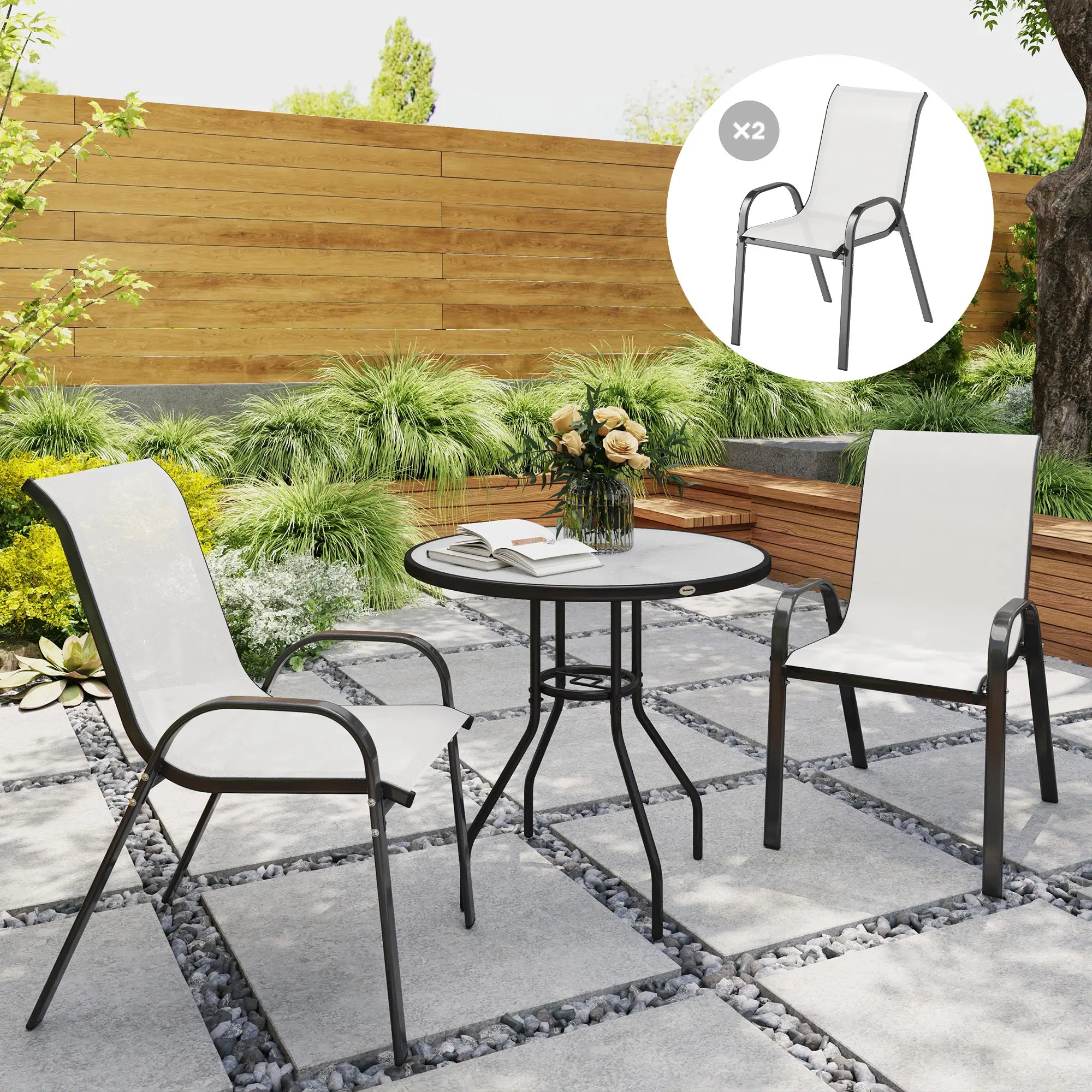 Set of 2 Outdoor Dining Chairs, Stackable, High Back, Light Grey Patio Chairs at Gallery Canada