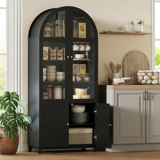 Arched Kitchen Pantry Cabinet, 71" Tall, Adjustable Shelves, Acrylic Doors, Black Kitchen Pantry Cabinets Black at Gallery Canada