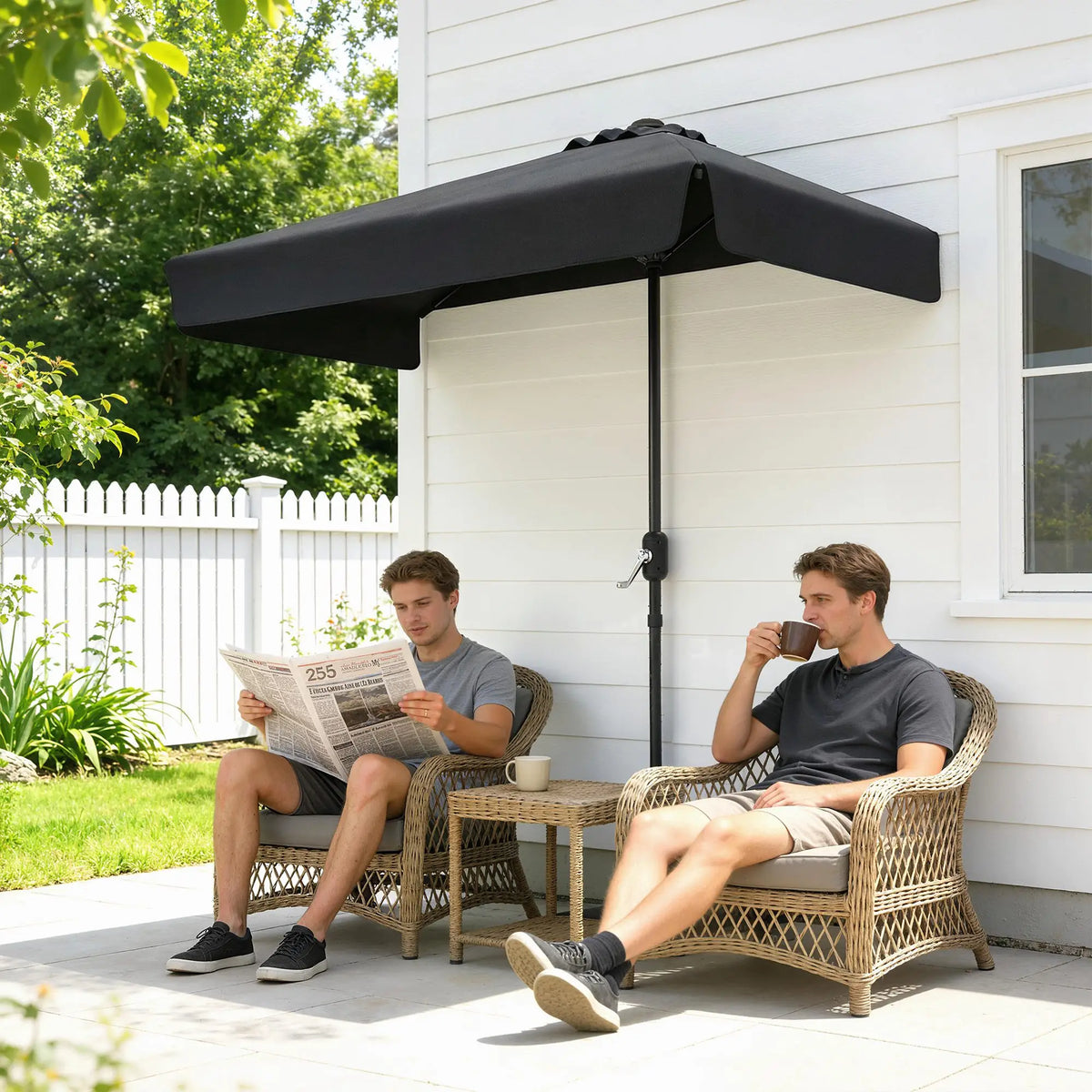 7.5ft Half Umbrella, Semi Round Patio Parasol, Crank Handle, Top Vent, Black