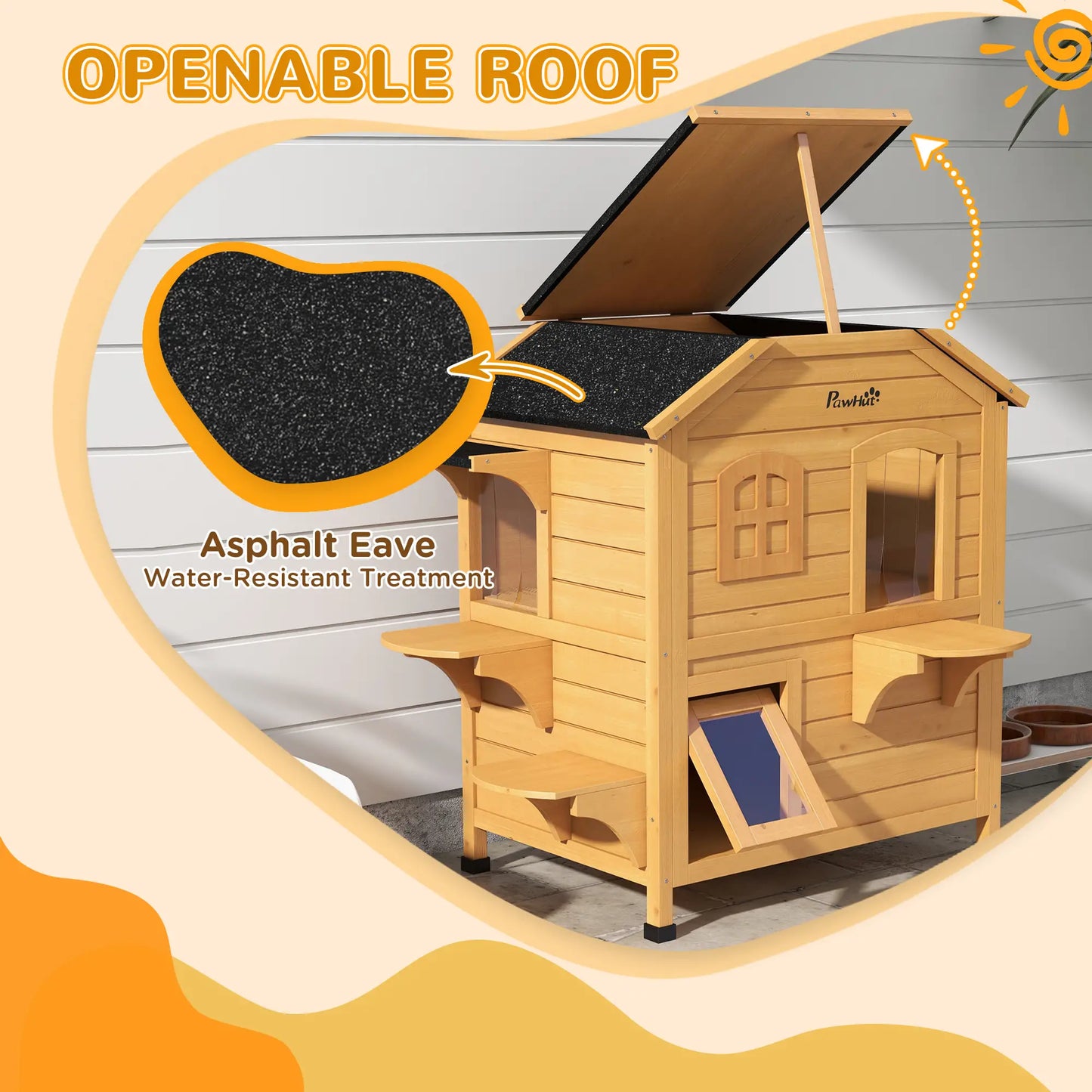 2-Storey Outdoor Cat House, Wooden Catio, Openable Roof, Yellow Cat Houses at Gallery Canada