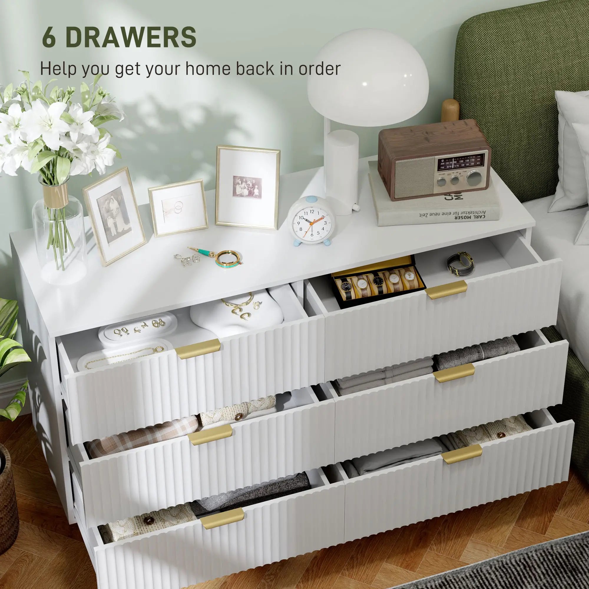 Modern 6 Drawer Dresser, Gold Legs and Handles, White Storage Cabinets at Gallery Canada