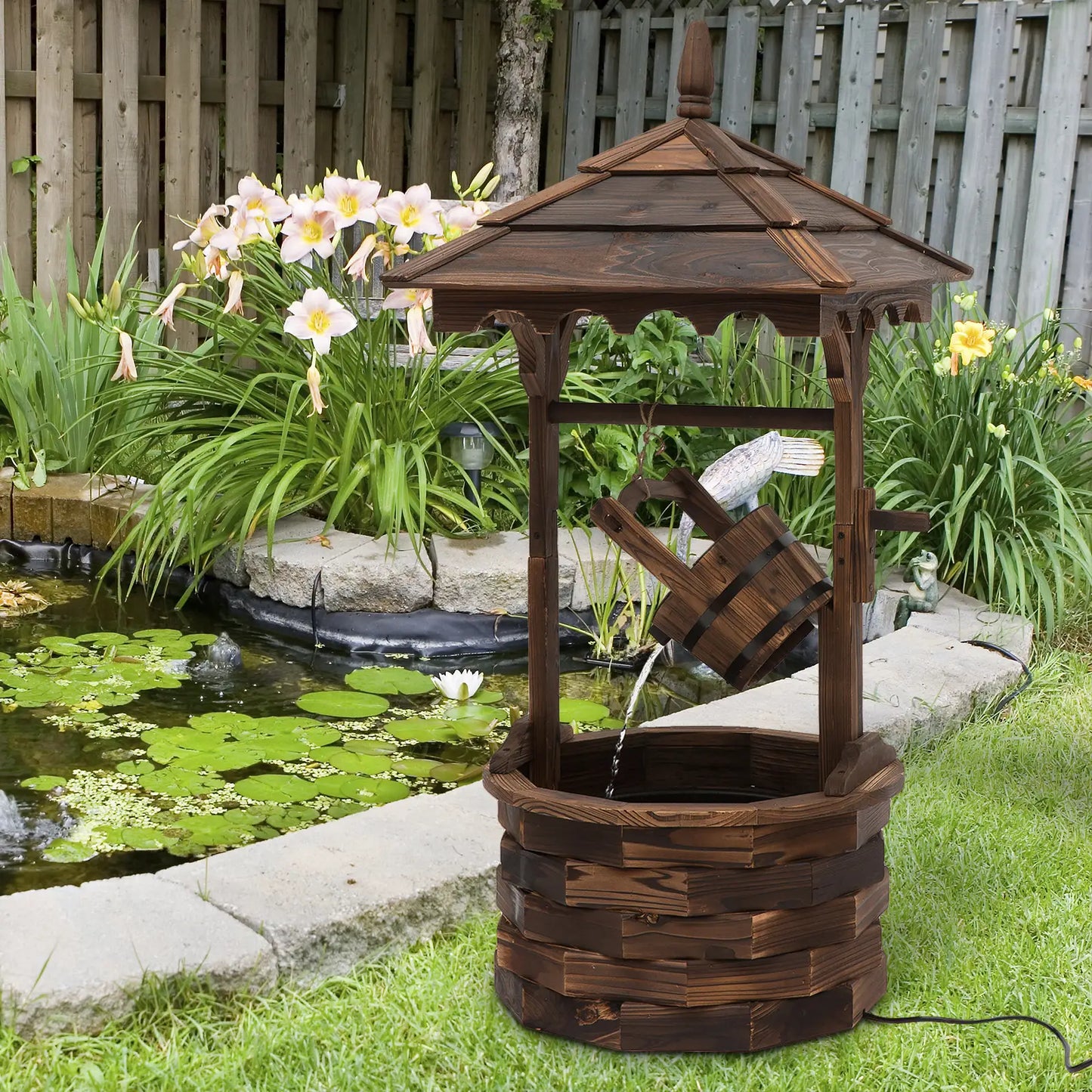 Outdoor Waterfall Fountain With Pump, Natural Wood Wishing Well, 22.5x22.5x47.25 Water Fountains at Gallery Canada