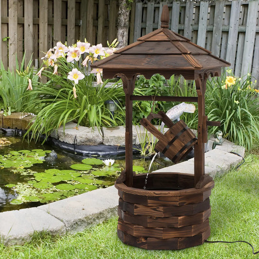 Outdoor Waterfall Fountain With Pump, Natural Wood Wishing Well, 22.5x22.5x47.25 Water Fountains Carbonized Wood Color at Gallery Canada