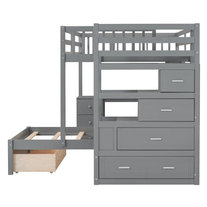 Over Twin Bunk Bed with Study Desk, Drawers, Shelves, 98" L x 80" W x 64.5" H, Grey Bed Frames at Gallery Canada