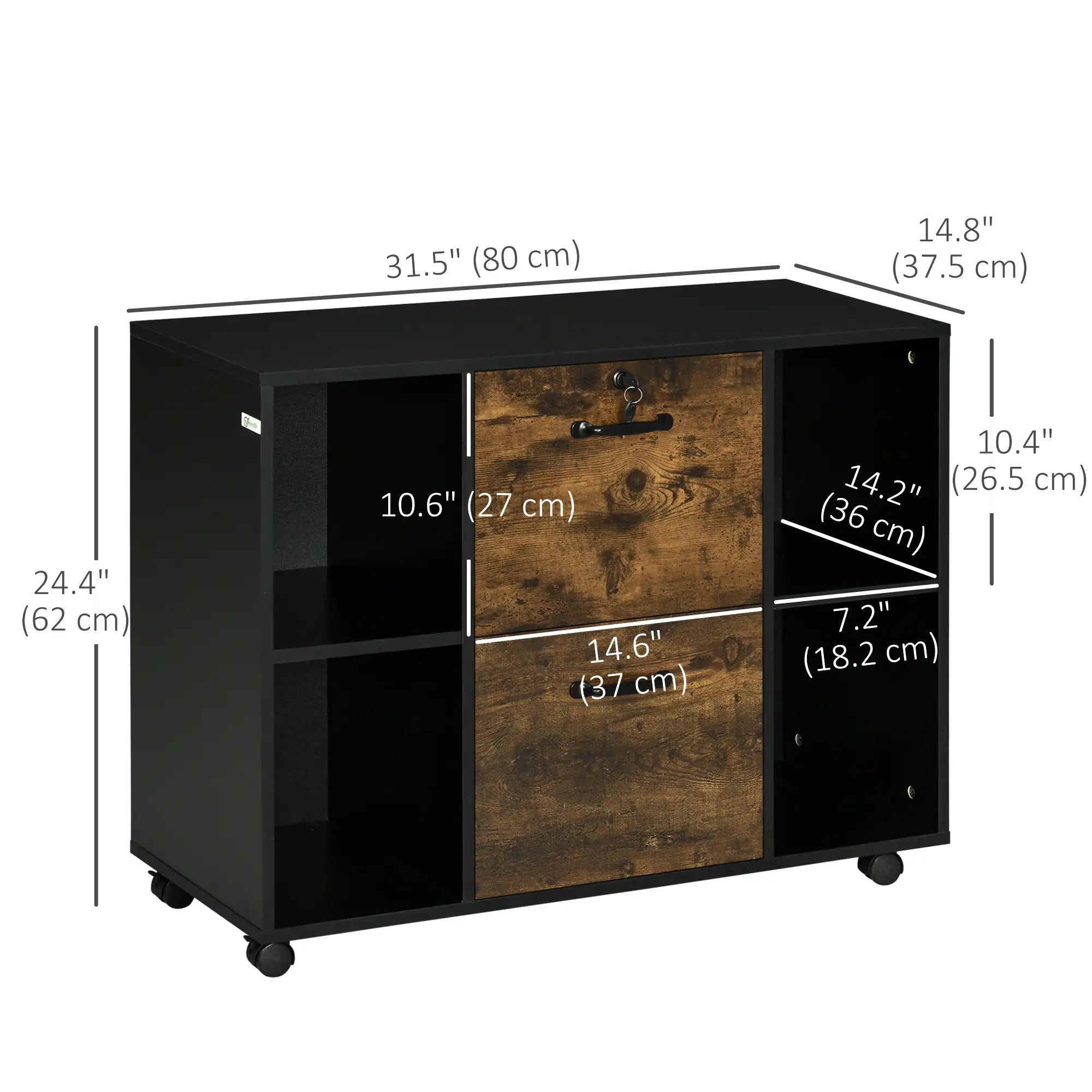 Lateral Filing Cabinet with Wheels, Lockable Drawer, Open Shelves, Rustic Brown Office Cabinets & Cupboards at Gallery Canada