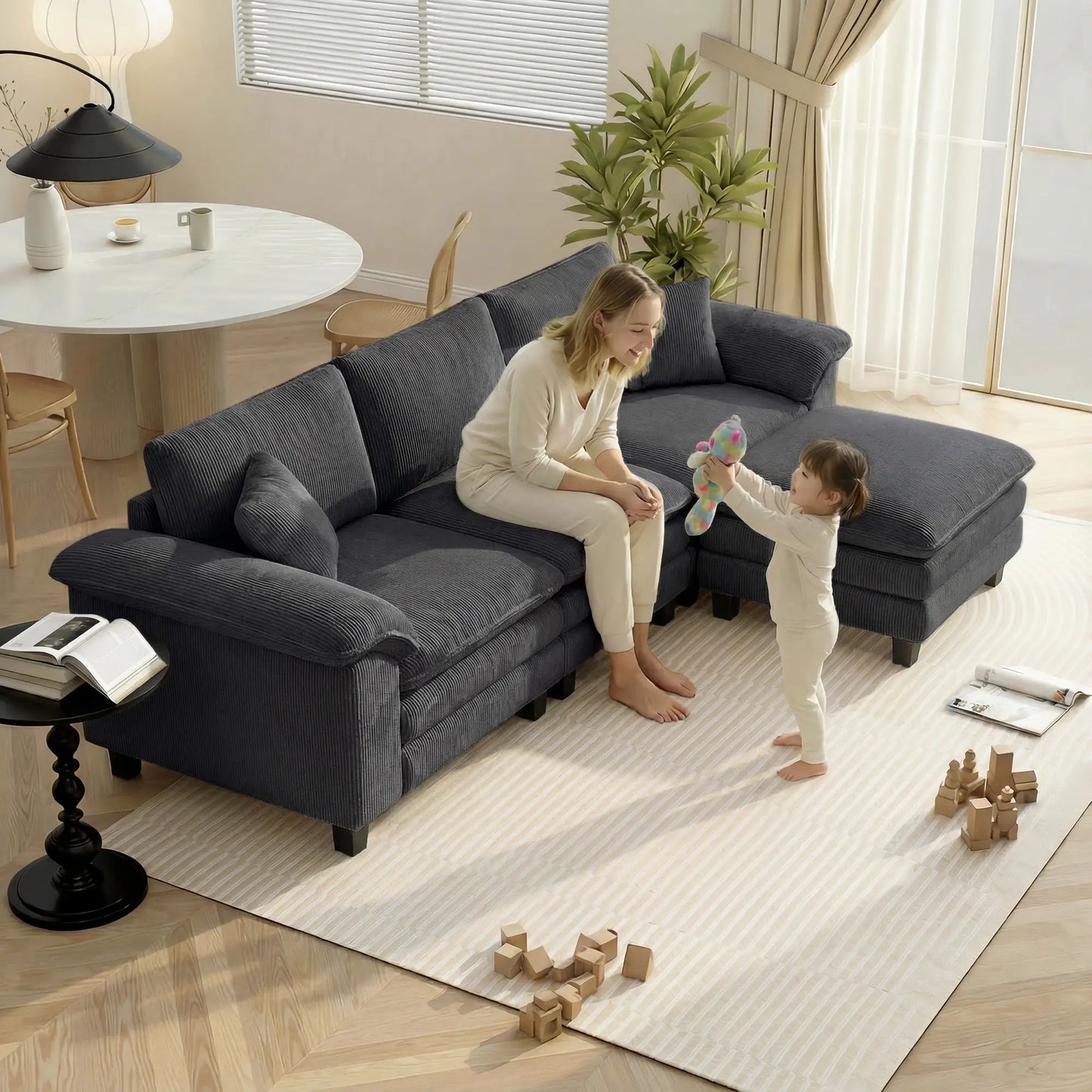 L-Shaped Sectional Sofa, Movable Ottoman, Pillow-Top Armrests, Dark Grey 3-Seater Sofas at Gallery Canada