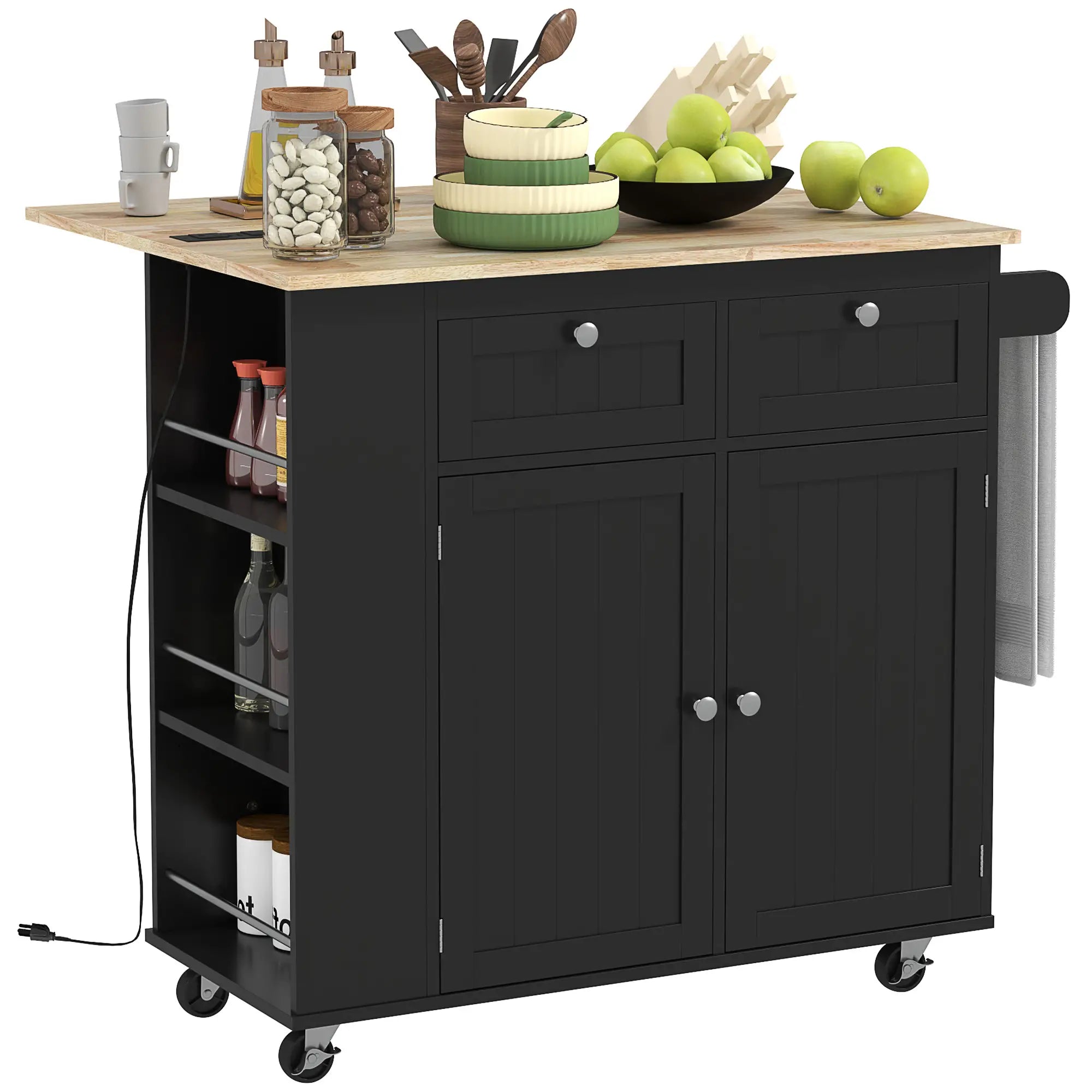 Kitchen Island with Power Outlet, Drop Leaf, 2 Drawers, Black Kitchen Islands & Kitchen Carts at Gallery Canada