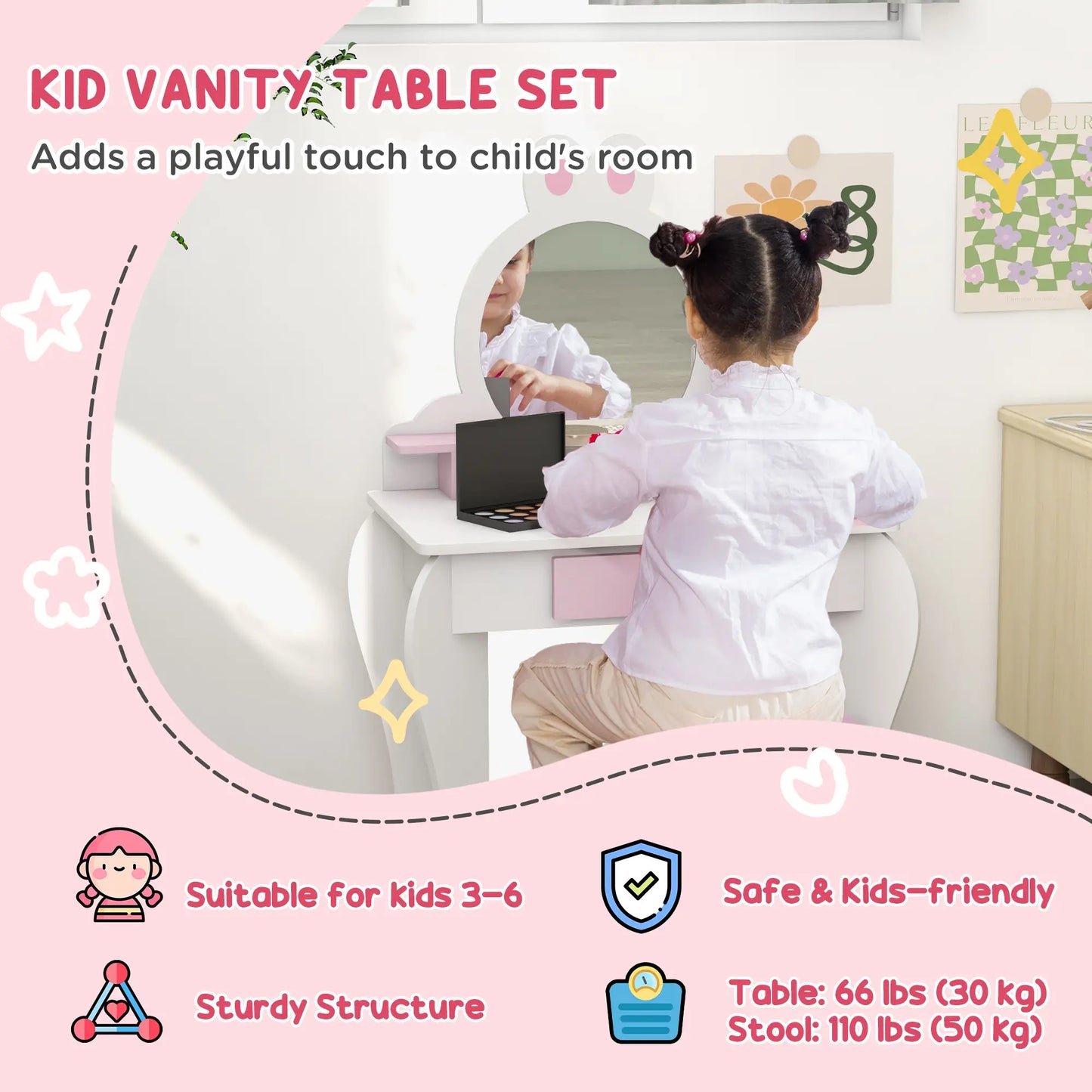 Kids Makeup Vanity Set with Stool, Mirror, Drawer, White Toy Vanity at Gallery Canada