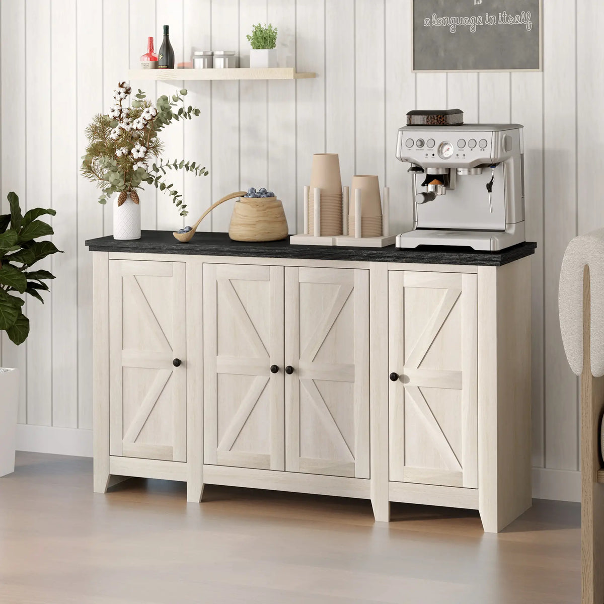 Rustic Sideboard, Buffet Cabinet, Adjustable Shelves, White Wood Grain, White Storage Cabinets at Gallery Canada