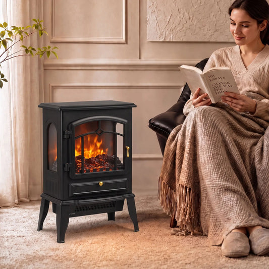 Electric Fireplace Stove, 725W/1450W Infrared 3-Sided Heater, Black Electric Fireplaces Black at Gallery Canada