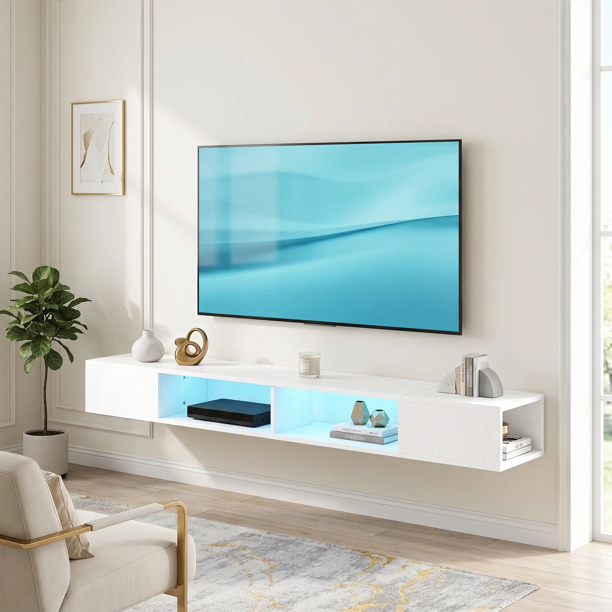 TV Stand with RGB LED Lights, Entertainment Center with Open Shelves for 75 Inch TV, White TV Stands at Gallery Canada
