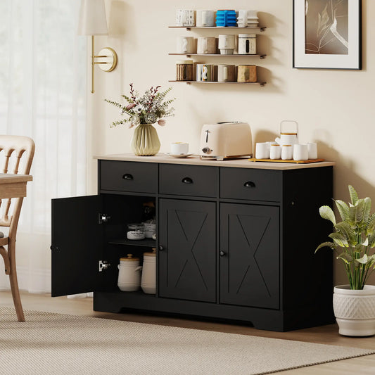46.5" Buffet Cabinet, Farmhouse Sideboard, 3 Barn Doors, 3 Drawers, Black Bar Cabinets Black, Natural at Gallery Canada