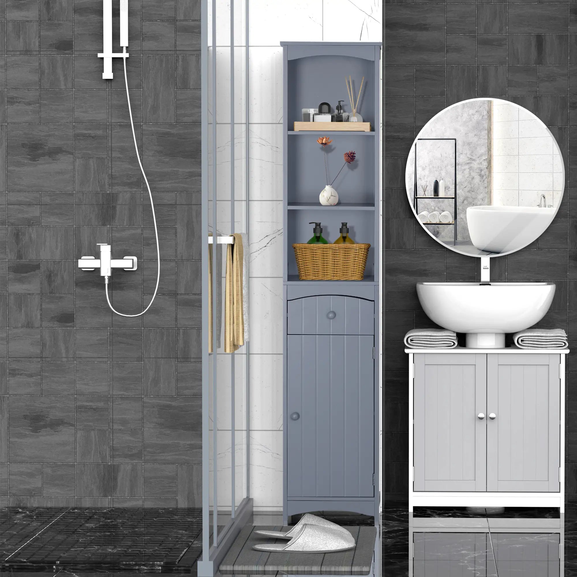 Tall Bathroom Storage Cabinet, 3-Tier Shelves with Drawer, Door, Grey Bathroom Cabinets at Gallery Canada