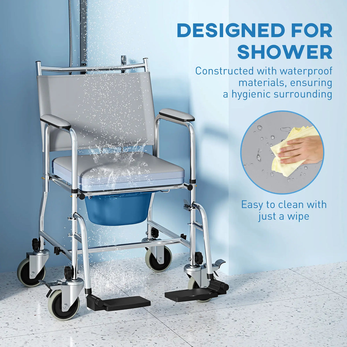 Rolling Shower Chair, Bedside Commode Wheelchair, 300 Lbs, Black Bath Chairs at Gallery Canada