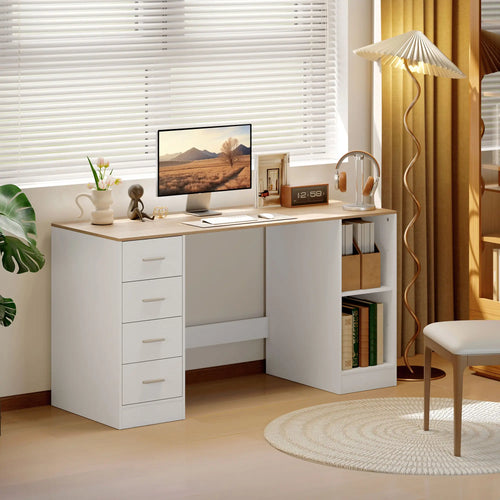 55 Inch Office Desk, White Wood Grain, 4 Reversible Drawers, Adjustable Shelf, White