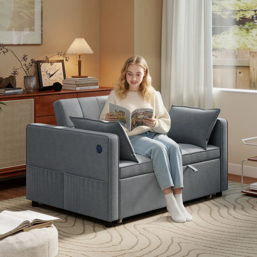 3-In-1 Convertible Sofa Bed, Pull Out Sleeper, Adjustable Backrest, Dark Grey