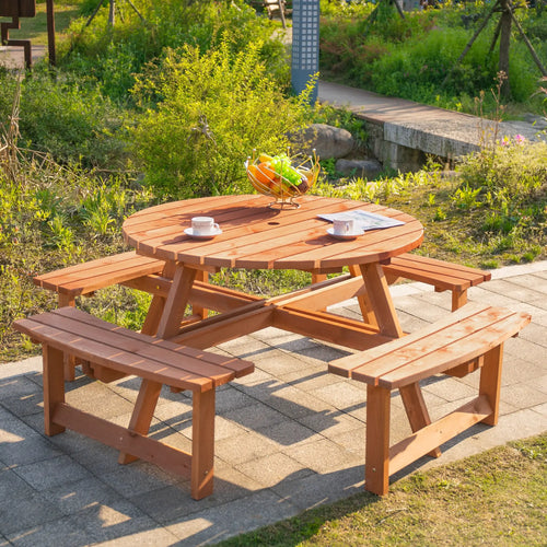 8 Seater Round Wooden Pub Bench, Picnic Table, Outdoor Patio Dining Set