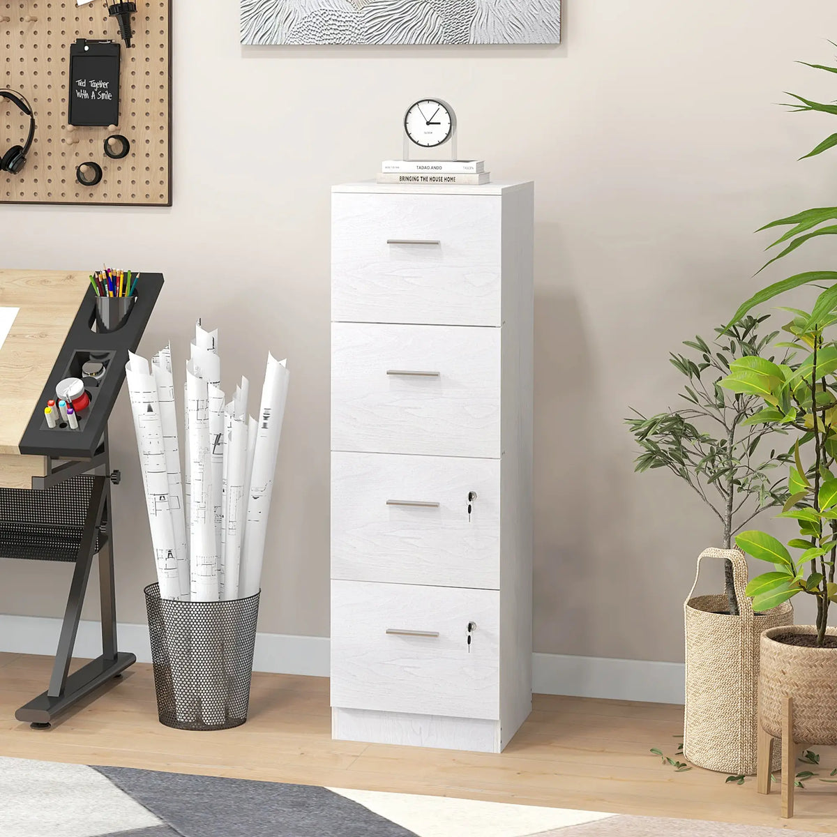 4 Drawer Vertical Filing Cabinet with Lock, Adjustable Hanging Bar, White Office Cabinets & Cupboards at Gallery Canada