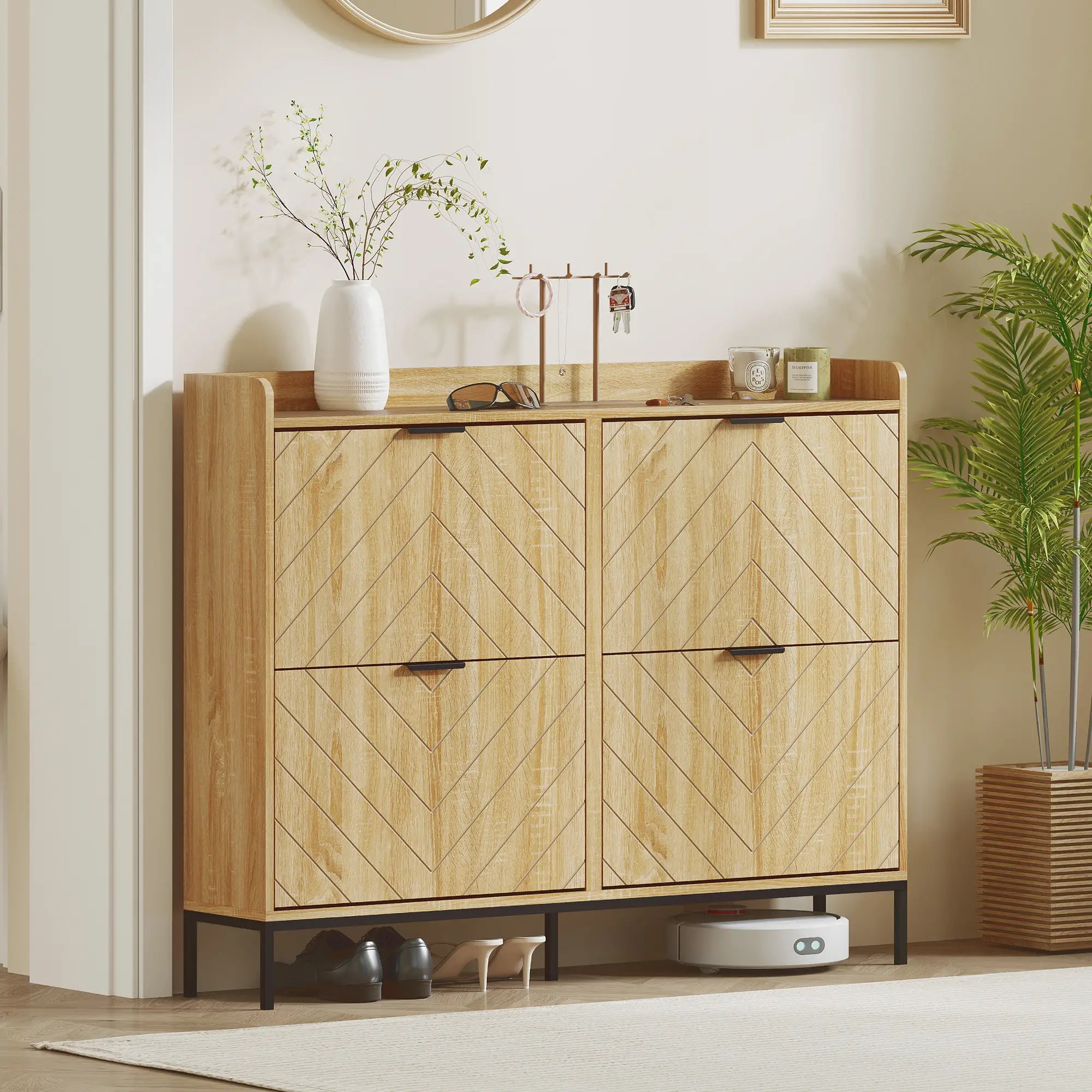 Narrow Shoe Storage Cabinet, 4 Flip Drawers, Holds 16 Pairs, Oak Shoe Storage Cabinets & Racks at Gallery Canada