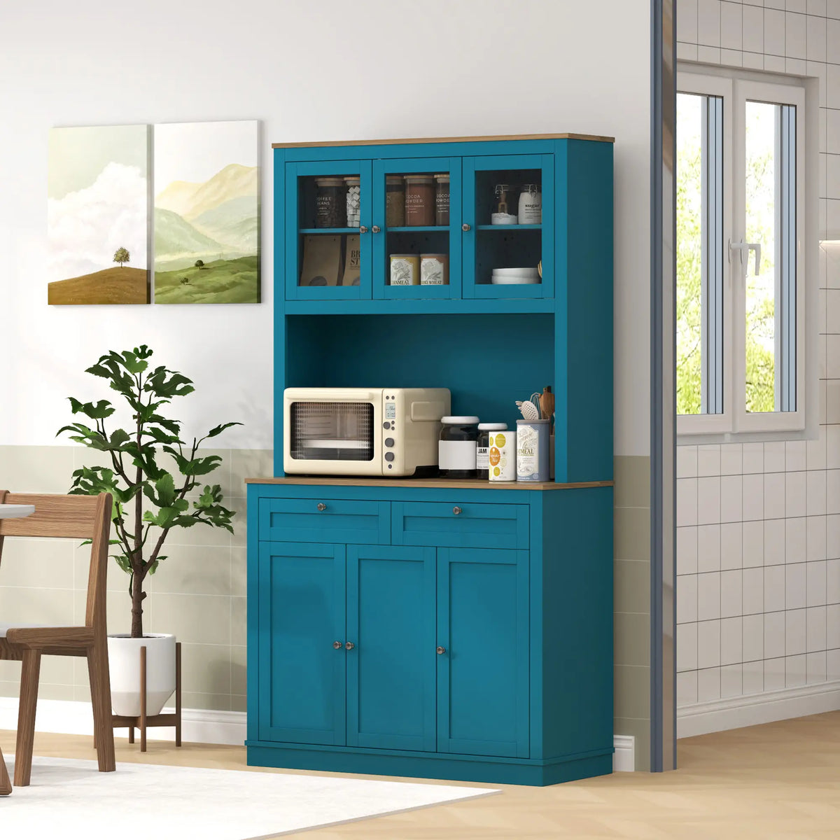 71" Pantry Cabinet with Microwave Space, Adjustable Shelves, Navy Blue Kitchen Pantry Cabinets at Gallery Canada