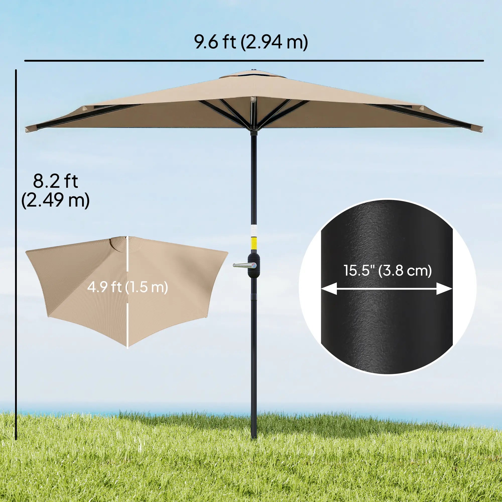 9.8ft Half Umbrella, Semi Round Patio Parasol, Crank Handle, Top Vent, Coffee Half Round Umbrellas at Gallery Canada