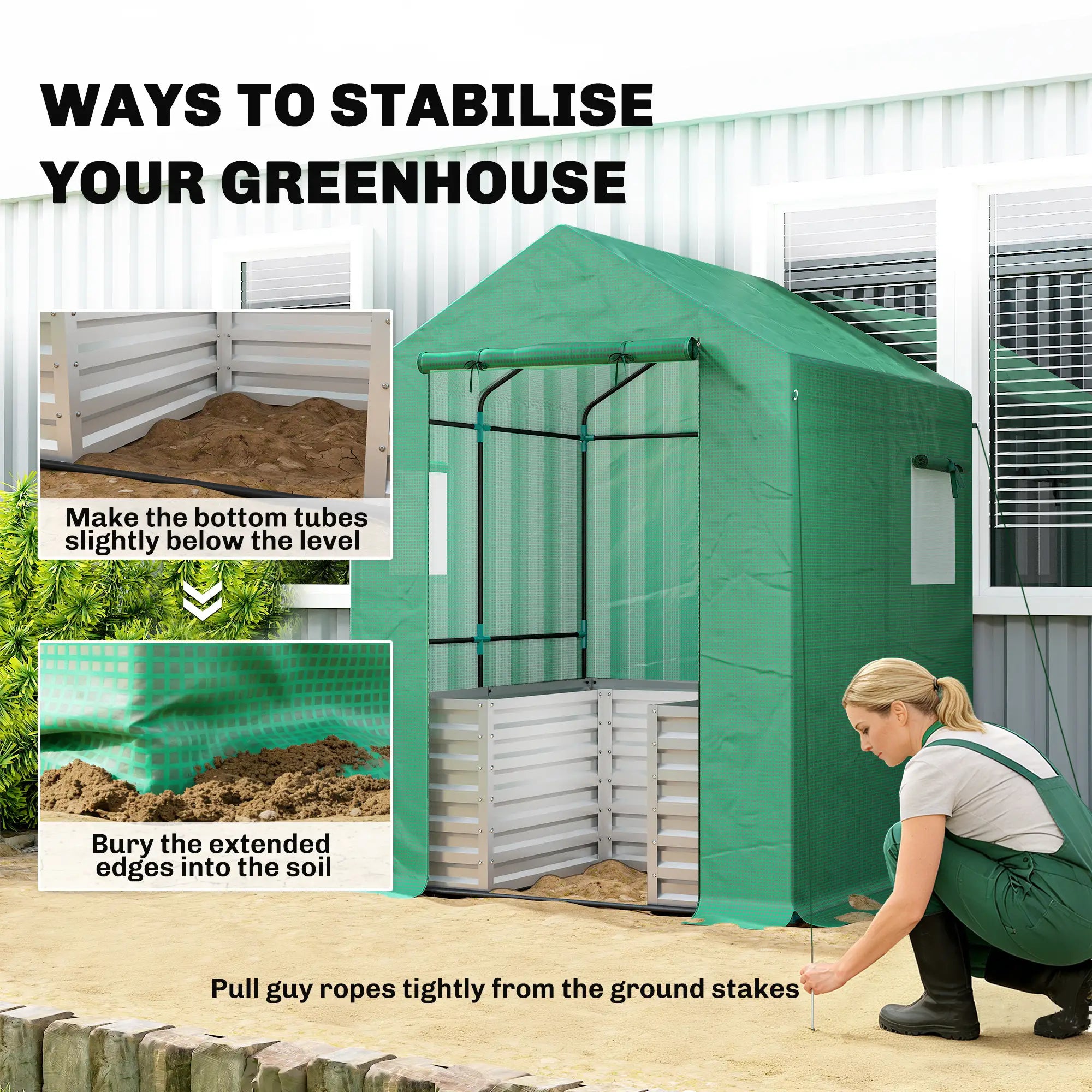 Greenhouse With Raised Garden Bed, Galvanized Metal Planter Box, 56