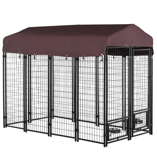 Outdoor Dog Kennel, Lockable Pet Playpen, Welded Steel Fence, Rotating Bowl, Red Houses, Kennels & Pens Black, Red at Gallery Canada