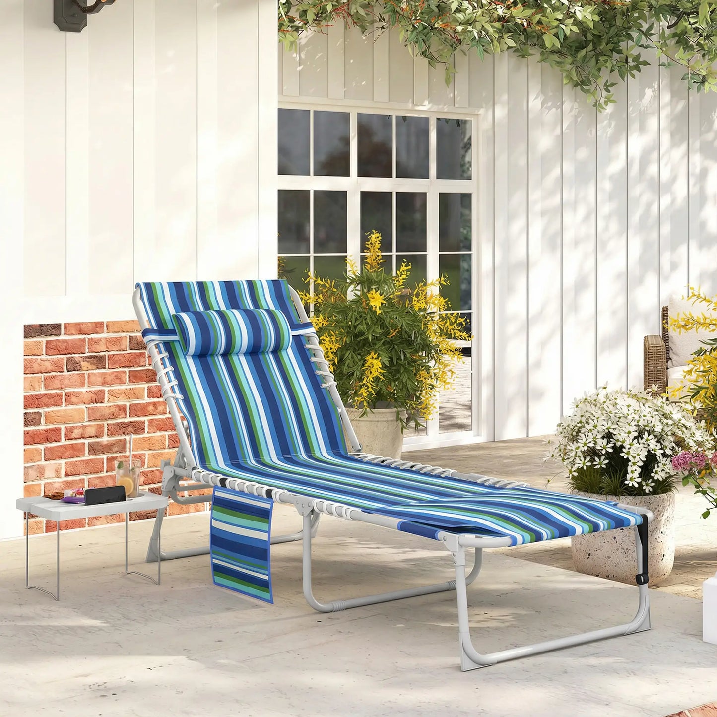 Folding Outdoor Lounge Chair, With Face Hole And Side Table, Blue Stripe Lounger Chairs at Gallery Canada