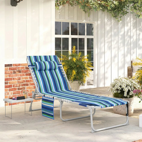 Folding Outdoor Lounge Chair, With Face Hole And Side Table, Blue Stripe