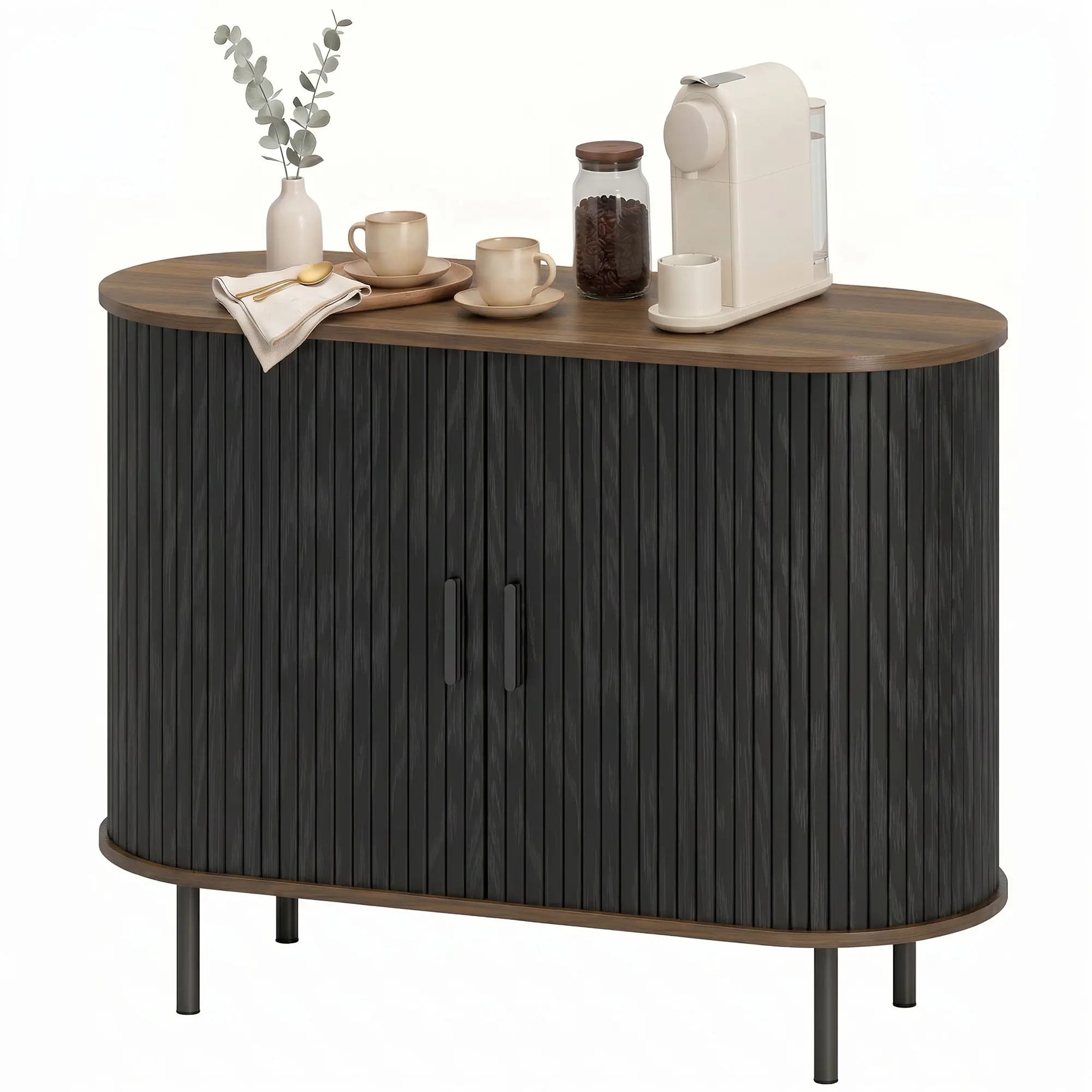 Wood Grain Sideboard With Curved Tambour Doors, Brown Storage Cabinets Brown Wood Grain, Black at Gallery Canada