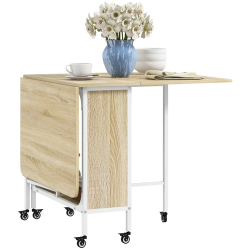 Folding Dining Table, Extendable Kitchen Table With Storage Shelf, Natural Wood