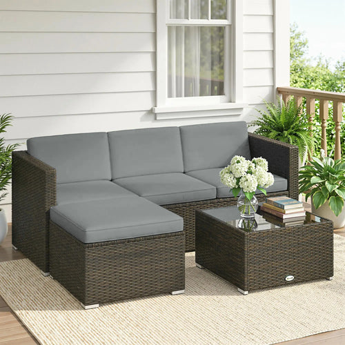 3-Piece Patio Furniture Set With Cushions, Outdoor Rattan Sofa With Glass Table