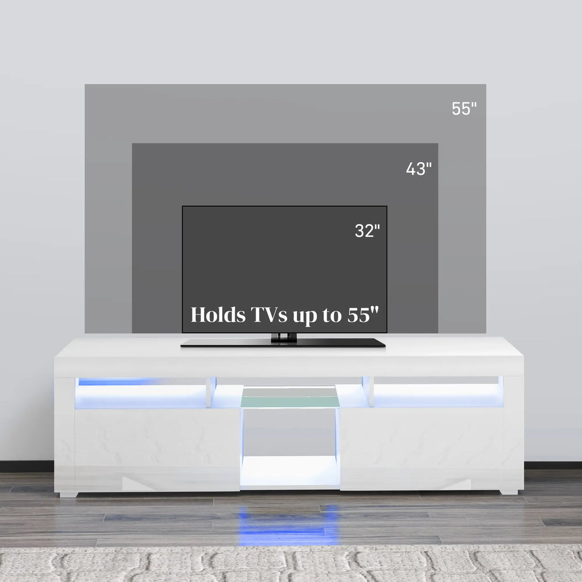 Modern TV Stand with Storage, LED Lights, 55", High Gloss, White TV Stands at Gallery Canada