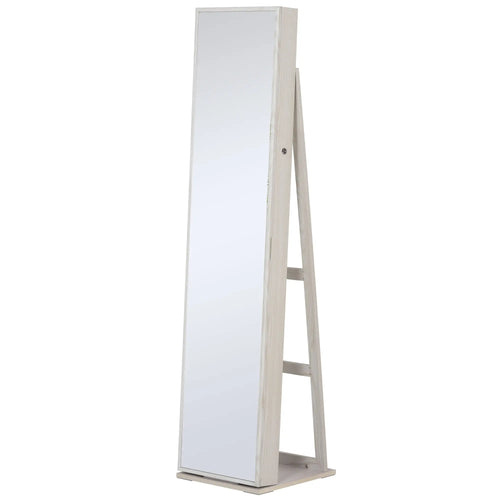 Mirror Jewelry Cabinet, Lockable Organizer with LED Lights, White Wood, White