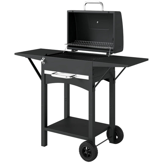 Charcoal Grill With Side Tables, Barbecue Smoker With Thermometer, 43.3"x18.3"x39.8", Black