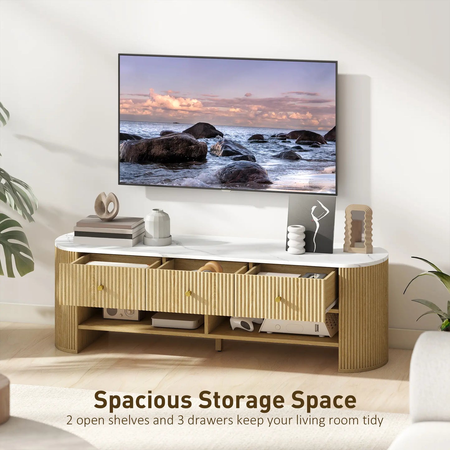 Modern TV Stand, Marble-Effect Top, 3 Drawers, 2 Shelves, 32-65 Inch, Natural TV Stands at Gallery Canada