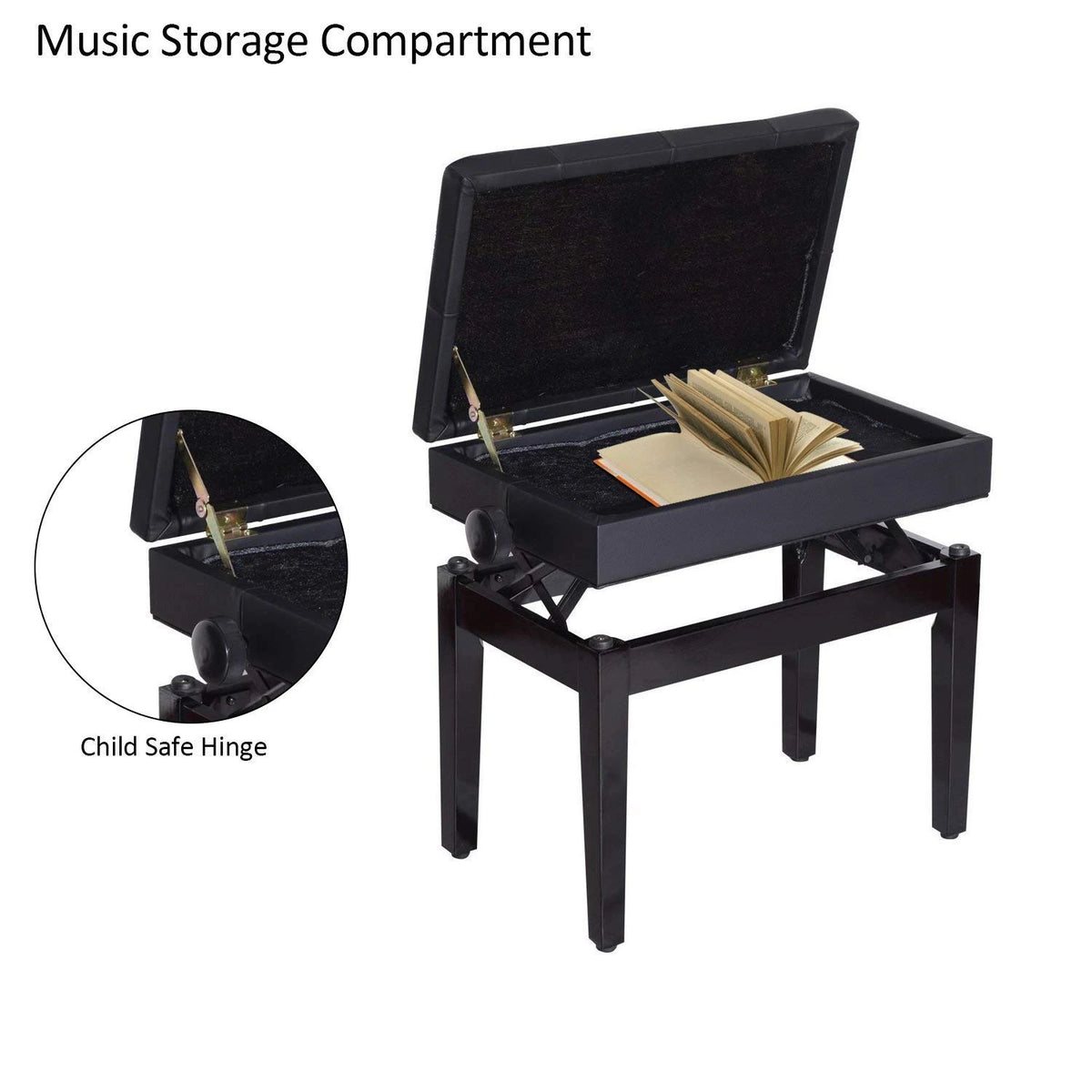 Adjustable Piano Bench with Storage, PU Leather, Black Piano Benches at Gallery Canada