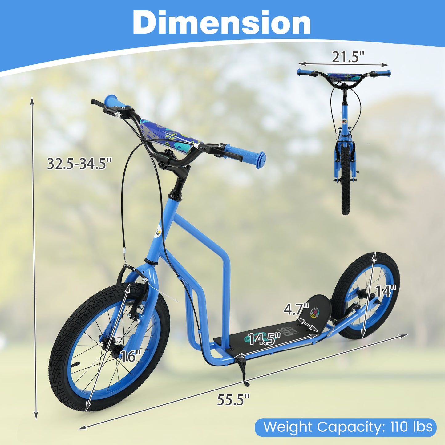 Youth Scooter, Adjustable Handlebar, 16/14-Inch Inflatable Wheels, Blue Scooters at Gallery Canada