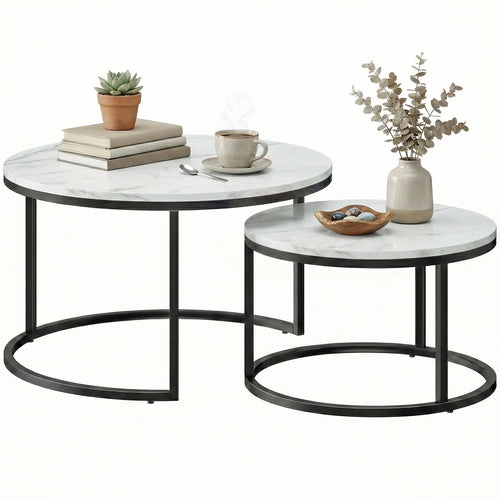 Modern Coffee Table Set, 2 Nesting Tables, Metal Base, Marble White, White