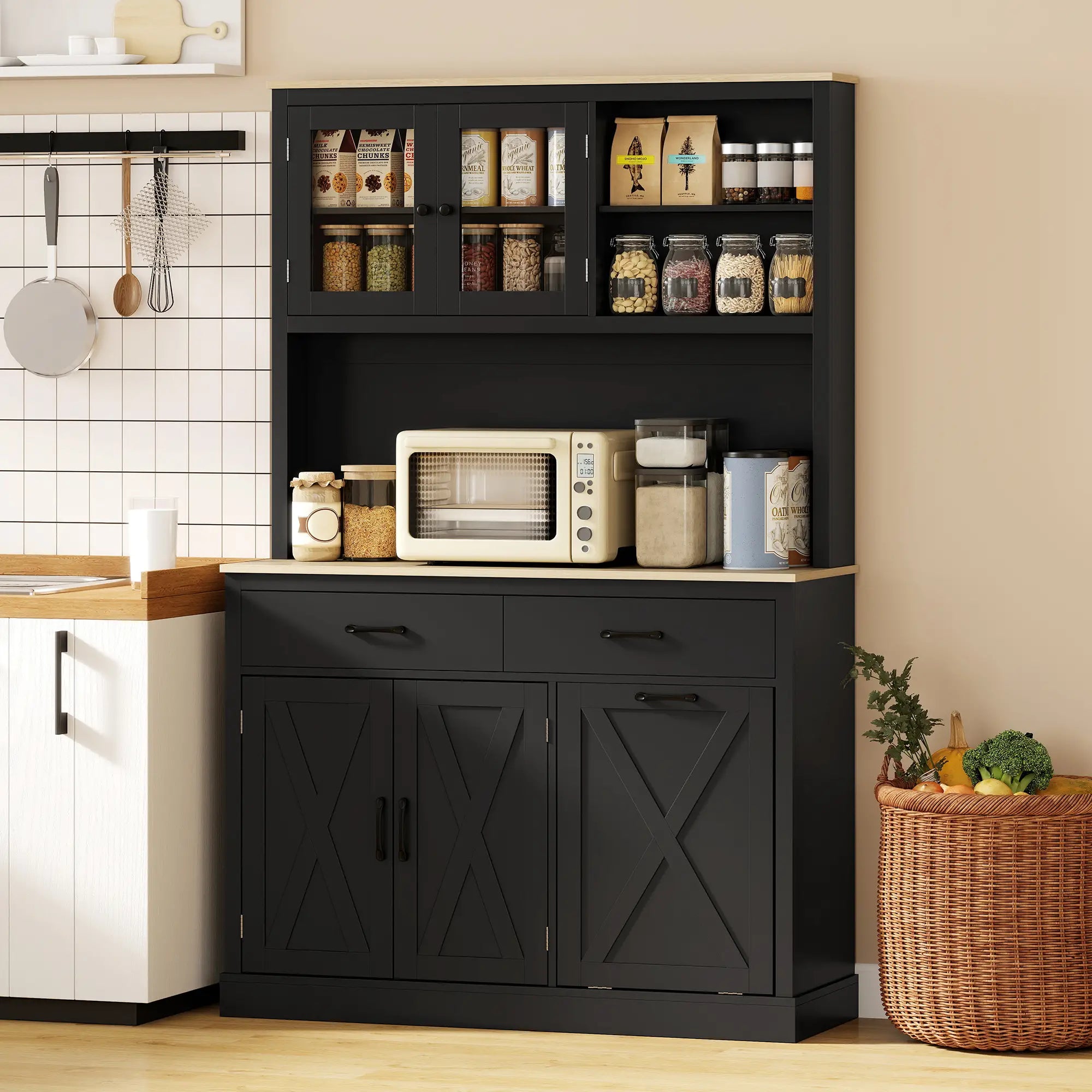 69 Inch Pantry Cabinet with Charging Station, Microwave Stand, Tilt-Out Trash Can, Black Kitchen Pantry Cabinets at Gallery Canada