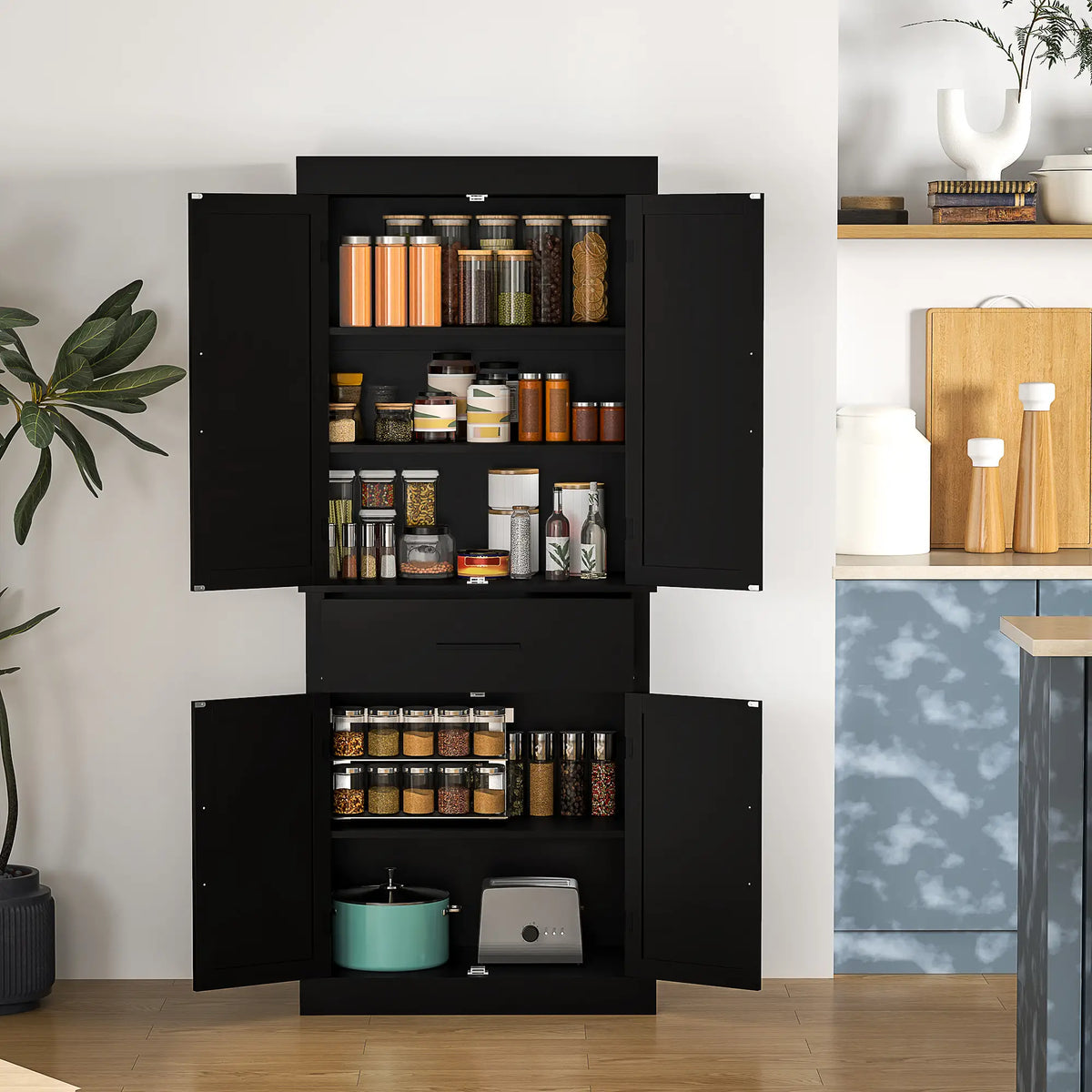 72" Kitchen Storage Cabinet, Farmhouse Pantry, 4 Barn Doors, Drawer, Adjustable Shelves, Black Kitchen Pantry Cabinets at Gallery Canada