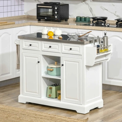 Kitchen Island on Wheels, Stainless Steel Top, Spice Rack, Drawers, White Kitchen Islands & Kitchen Carts at Gallery Canada