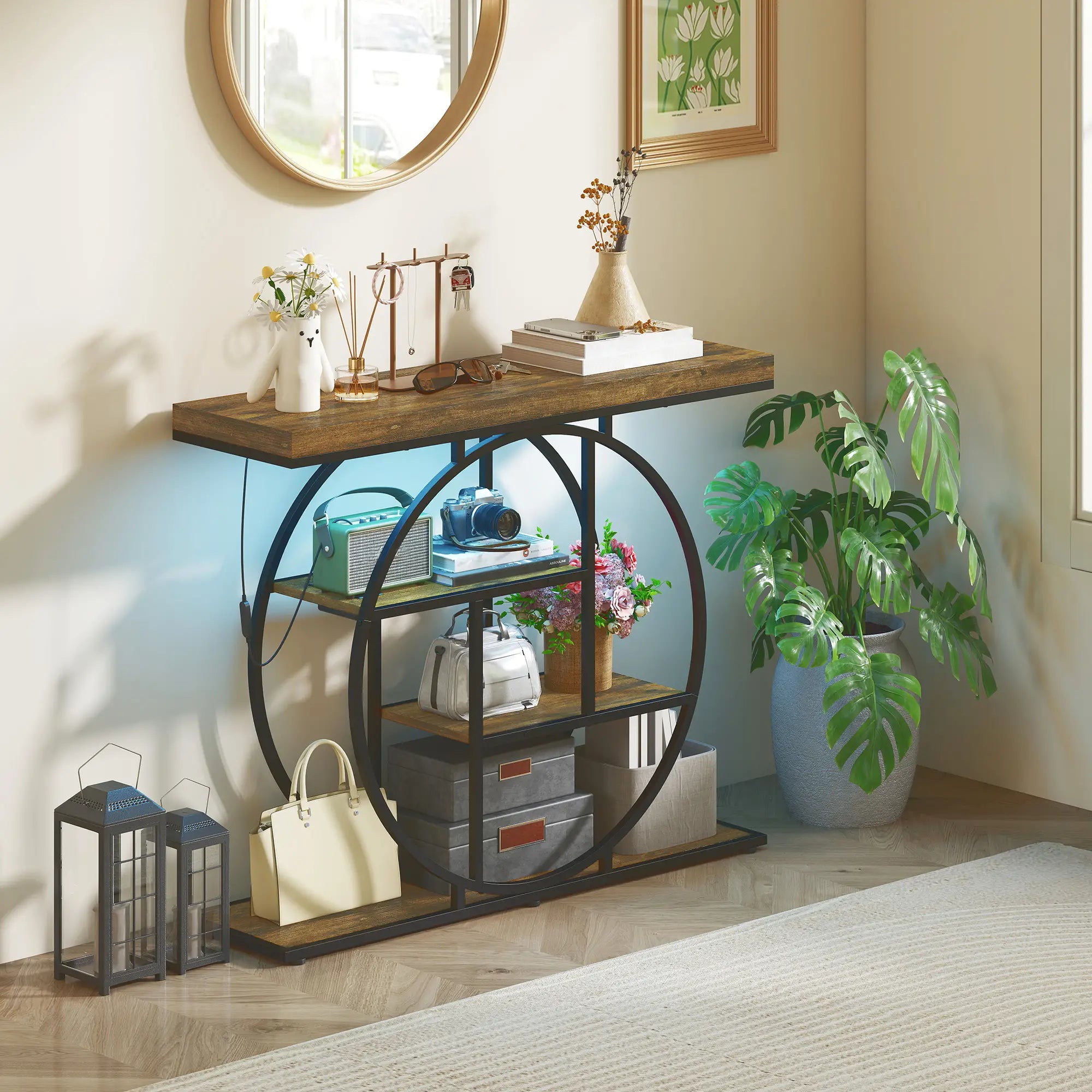 4-Tier Console Table With Charging Station, LED Lights, 39