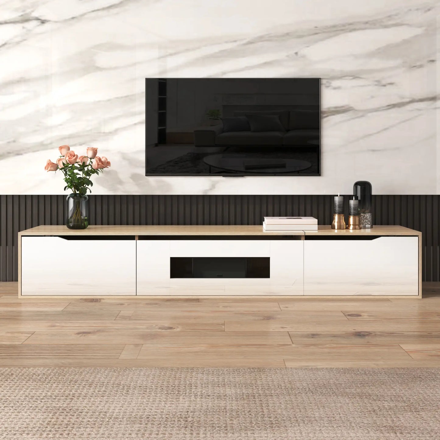 Modern TV Stand With LED Lighting, 71" L x 12" W x 12" H, Wood, White TV Stands at Gallery Canada