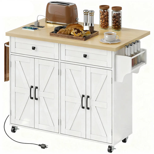 Rolling Kitchen Cart With Charging Station, Drop Leaf, Drawers