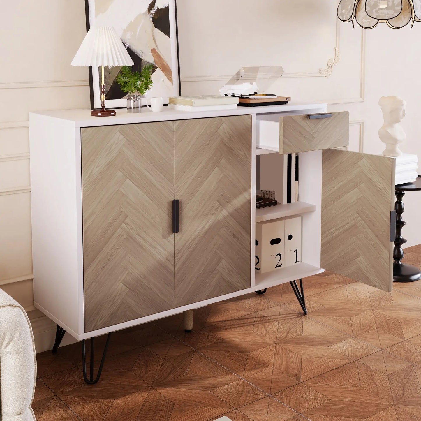 Storage Cabinet with Drawer, Adjustable Shelves, 35.5" L x 11.5" W x 28.5" H, White+Wood Storage Cabinets at Gallery Canada