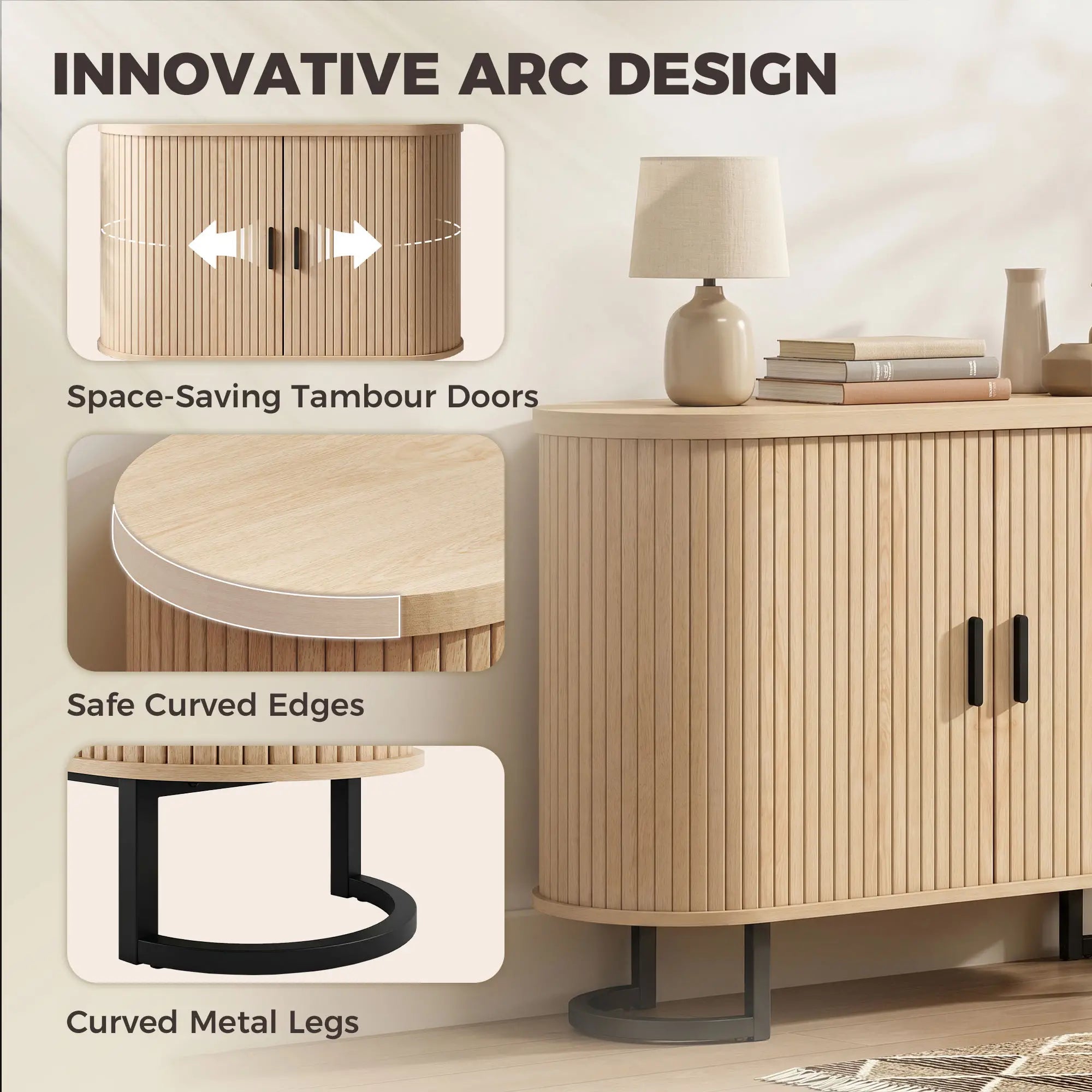 Sideboard Buffet Cabinet, Curved Tambour Doors, Natural Wood Storage Cabinets at Gallery Canada
