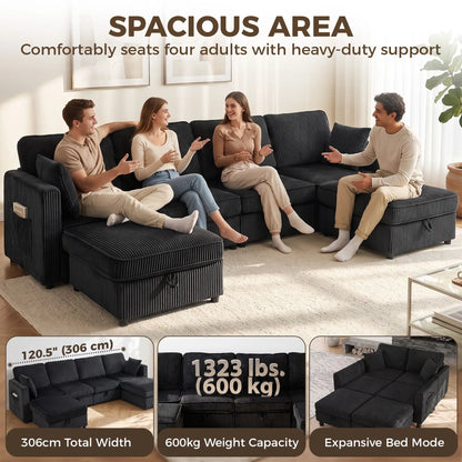 Canapé modulaire en velours côtelé en forme de U, pouf de rangement double, 4 coussins, gris foncé