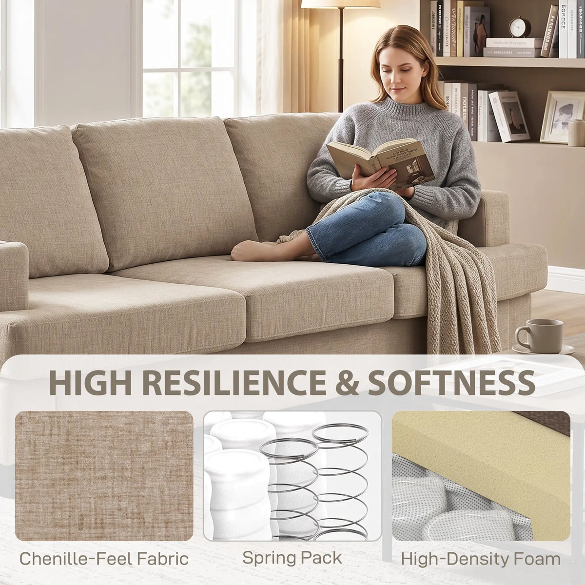 3 Seater Sofa with USB Ports, Cup Holders, Chenille Upholstery, Light Brown 3-Seater Sofas at Gallery Canada